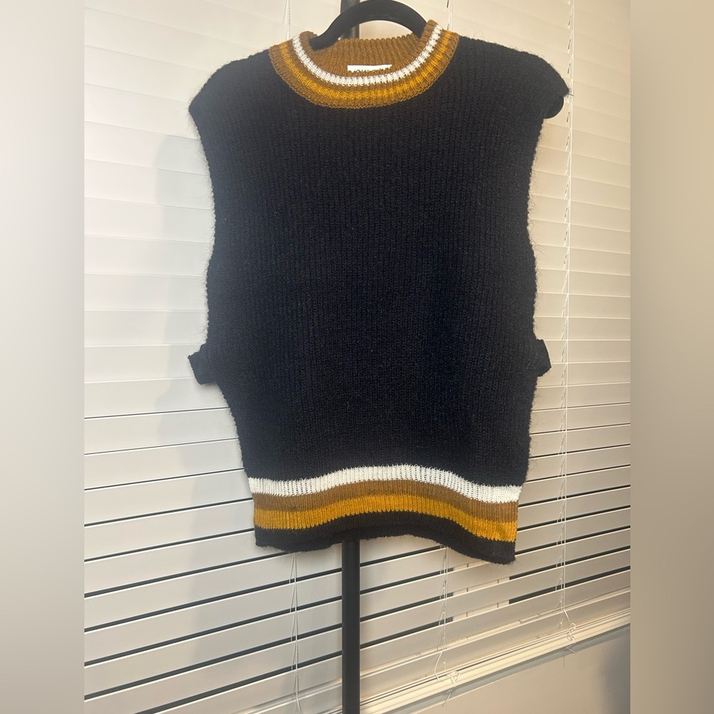Chloe Stora Paris Black Sleeveless V-Neck Sweater Vest with Mustard and White